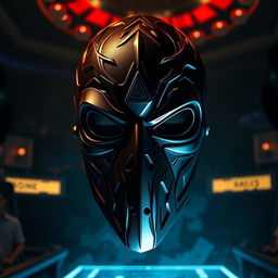 A detailed mask inspired by the Squid Game leader's mask, featuring a sleek black design with geometric patterns and a prominent triangular symbol in a shiny metallic finish