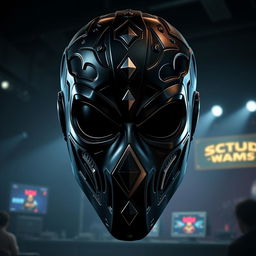 A detailed mask inspired by the Squid Game leader's mask, featuring a sleek black design with geometric patterns and a prominent triangular symbol in a shiny metallic finish