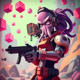 A surreal and intense scene within a video game setting, depicting a soldier dressed in a stylized, exaggerated uniform, with distinct elements inspired by squid motifs, resembling the character Squidward