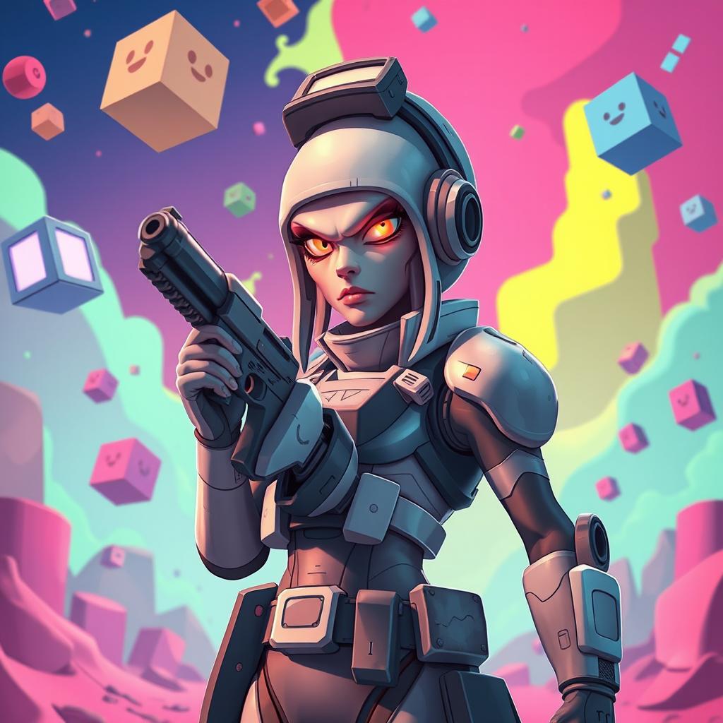 A surreal and intense scene within a video game setting, depicting a soldier dressed in a stylized, exaggerated uniform, with distinct elements inspired by squid motifs, resembling the character Squidward