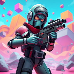 A surreal and intense scene within a video game setting, depicting a soldier dressed in a stylized, exaggerated uniform, with distinct elements inspired by squid motifs, resembling the character Squidward