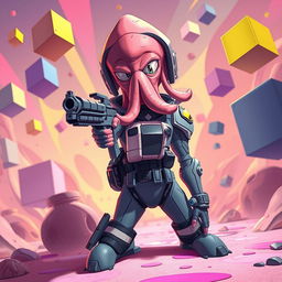 A surreal and intense scene within a video game setting, depicting a soldier dressed in a stylized, exaggerated uniform, with distinct elements inspired by squid motifs, resembling the character Squidward