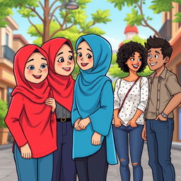 A colorful cartoon scene featuring two women in hijabs, one wearing a bright red hijab and the other in a vibrant blue hijab