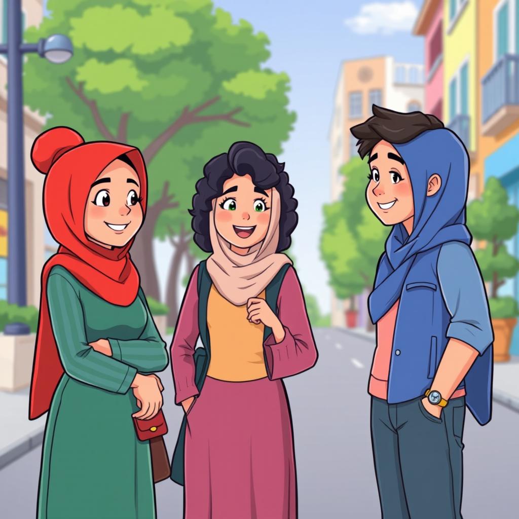 A colorful cartoon scene featuring two women in hijabs, one wearing a bright red hijab and the other in a vibrant blue hijab