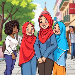 A colorful cartoon scene featuring two women in hijabs, one wearing a bright red hijab and the other in a vibrant blue hijab