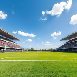 A vibrant and lush green soccer field, perfectly manicured and clean, complete with white goalposts at each end