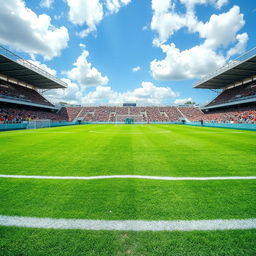 A vibrant and lush green soccer field, perfectly manicured and clean, complete with white goalposts at each end