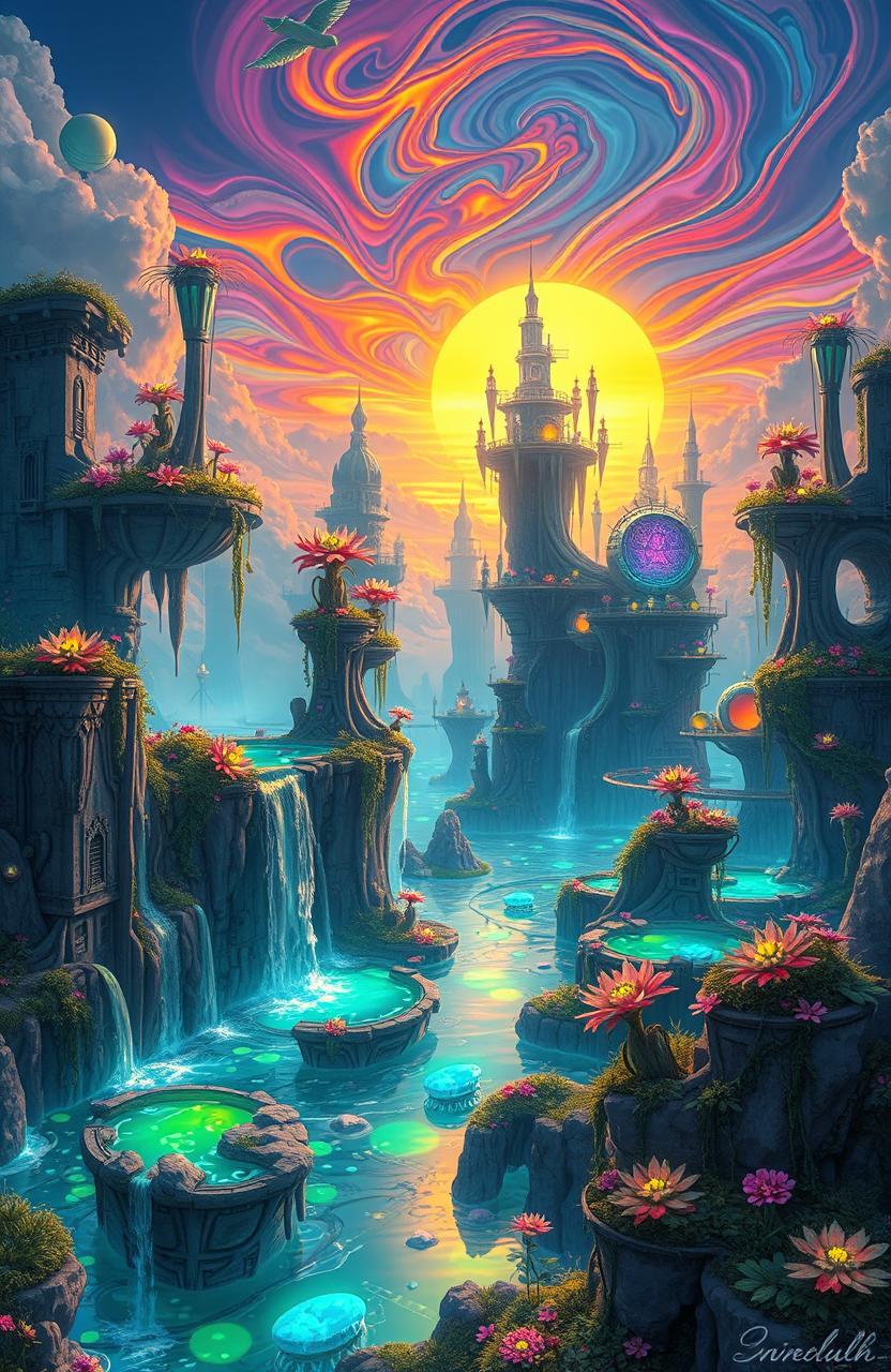A stunning digital painting depicting a vibrant and imaginative artificial world filled with futuristic landscapes, floating islands, and intricate neon structures