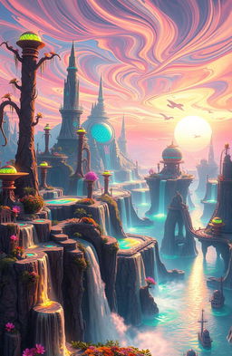 A stunning digital painting depicting a vibrant and imaginative artificial world filled with futuristic landscapes, floating islands, and intricate neon structures