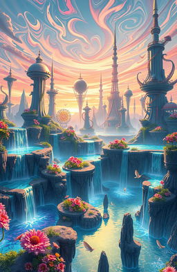 A stunning digital painting depicting a vibrant and imaginative artificial world filled with futuristic landscapes, floating islands, and intricate neon structures