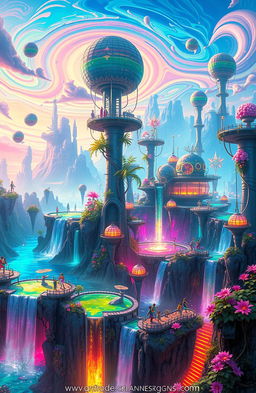 A stunning digital painting depicting a vibrant and imaginative artificial world filled with futuristic landscapes, floating islands, and intricate neon structures