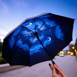 A beautiful umbrella with a night sky theme on the inside, showcasing a stunning scene of stars, a crescent moon, and soft clouds
