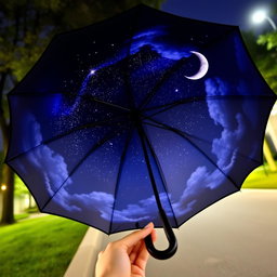 A beautiful umbrella with a night sky theme on the inside, showcasing a stunning scene of stars, a crescent moon, and soft clouds
