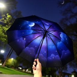 A beautiful umbrella with a night sky theme on the inside, showcasing a stunning scene of stars, a crescent moon, and soft clouds