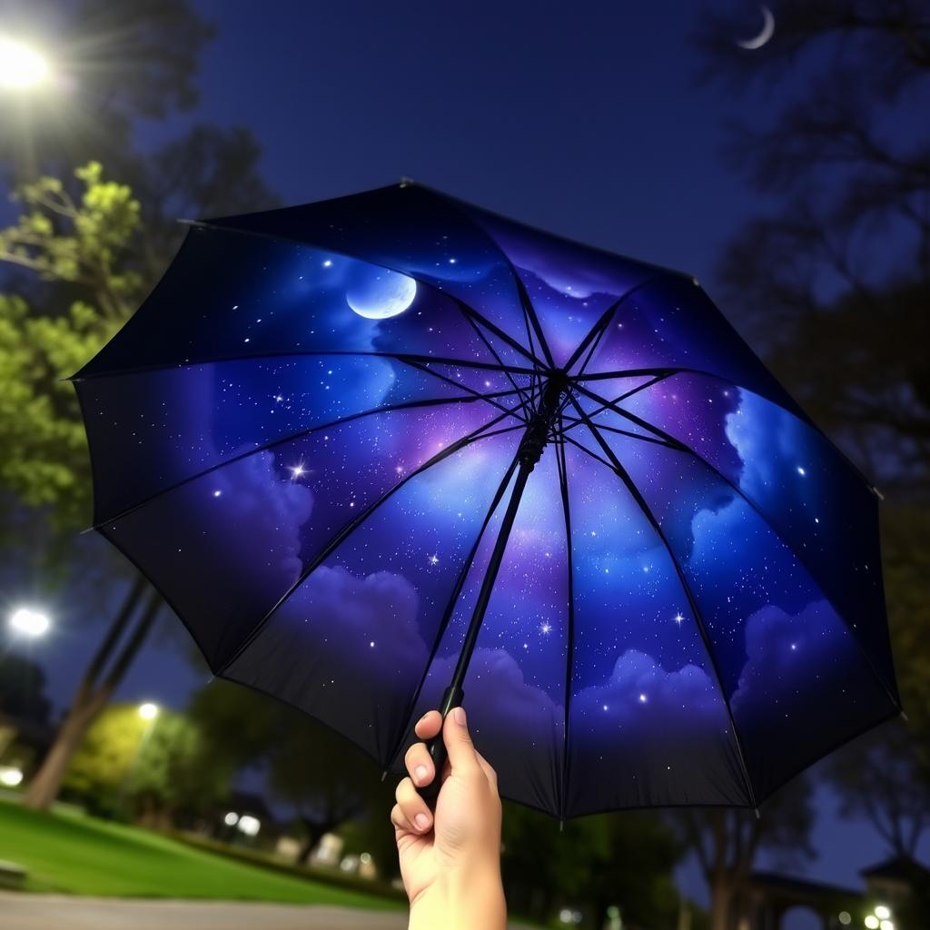 A beautiful umbrella with a night sky theme on the inside, showcasing a stunning scene of stars, a crescent moon, and soft clouds