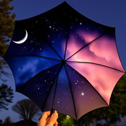 A beautiful umbrella with a night sky theme on the inside, showcasing a stunning scene of stars, a crescent moon, and soft clouds
