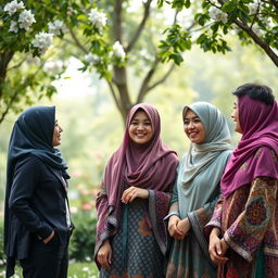 A serene outdoor scene featuring two women in colorful hijabs engaging in a friendly conversation, with light and playful smiles on their faces