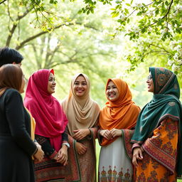 A serene outdoor scene featuring two women in colorful hijabs engaging in a friendly conversation, with light and playful smiles on their faces
