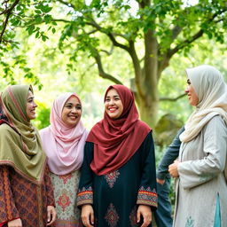 A serene outdoor scene featuring two women in colorful hijabs engaging in a friendly conversation, with light and playful smiles on their faces