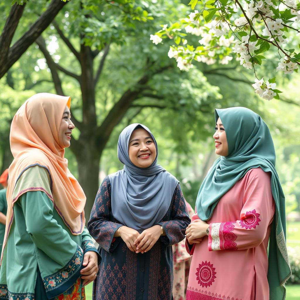 A serene outdoor scene featuring two women in colorful hijabs engaging in a friendly conversation, with light and playful smiles on their faces
