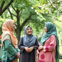A serene outdoor scene featuring two women in colorful hijabs engaging in a friendly conversation, with light and playful smiles on their faces
