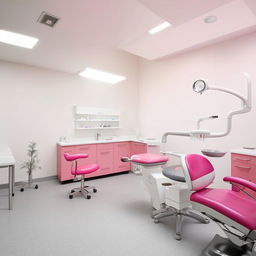 A cheerful dental unit featuring a pink dental chair, gray tiled floor, and the remaining elements, such as the walls, ceiling and cabinetry, in crisp white. The space radiates comfort and professionalism.