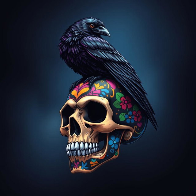 A dark, mystical art piece featuring a raven perched atop a beautifully intricate skull decorated with vibrant, colorful graffiti art from Skullpanda