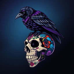 A dark, mystical art piece featuring a raven perched atop a beautifully intricate skull decorated with vibrant, colorful graffiti art from Skullpanda