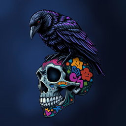 A dark, mystical art piece featuring a raven perched atop a beautifully intricate skull decorated with vibrant, colorful graffiti art from Skullpanda