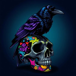 A dark, mystical art piece featuring a raven perched atop a beautifully intricate skull decorated with vibrant, colorful graffiti art from Skullpanda