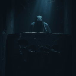 A chilling scene set in a dark, eerie space