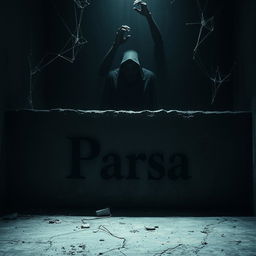 A chilling scene set in a dark, eerie space