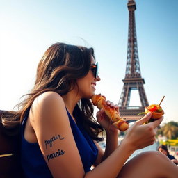 A stylish girl sitting next to the Eiffel Tower, showcasing an elegant and fashionable appearance
