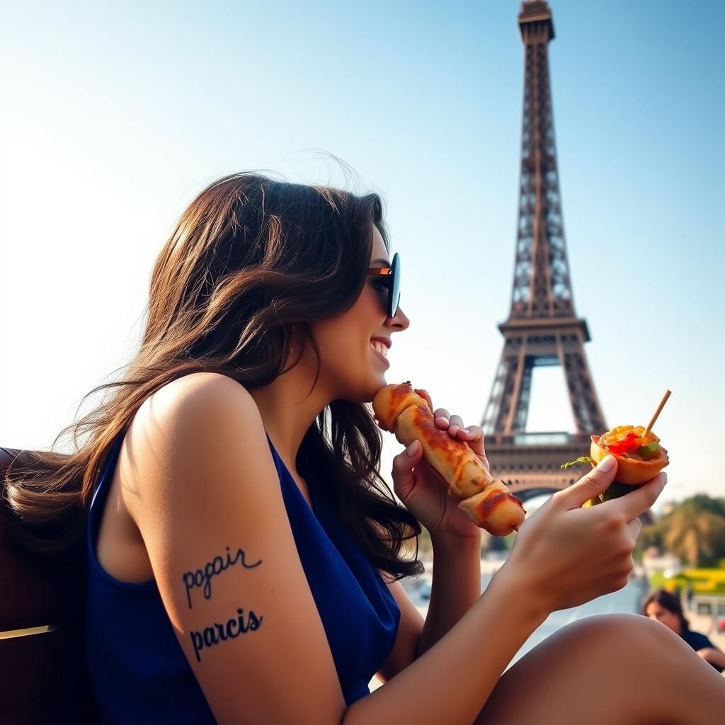 A stylish girl sitting next to the Eiffel Tower, showcasing an elegant and fashionable appearance