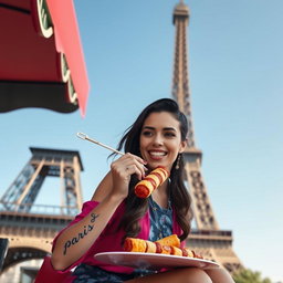 A stylish girl sitting next to the Eiffel Tower, showcasing an elegant and fashionable appearance