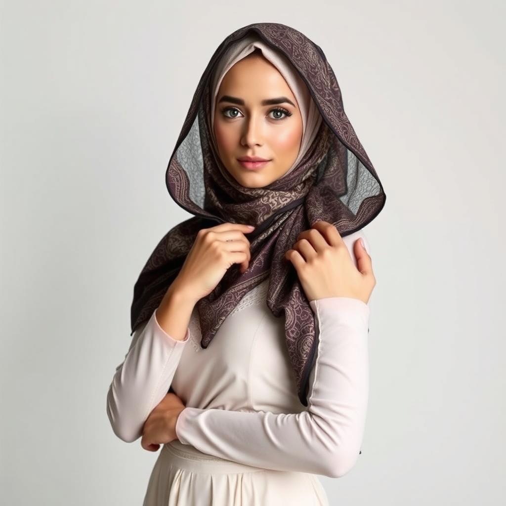 A beautiful woman gracefully wearing a stylish hijab and elegant undergarments