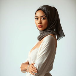A beautiful woman gracefully wearing a stylish hijab and elegant undergarments