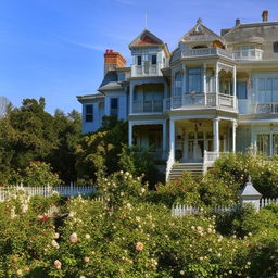 A large painted Victorian-era mansion with a beautiful garden full of roses and a white picket fence surrounding it.