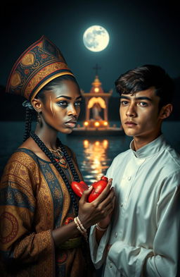 An angry 21-year-old girl dressed in traditional African chief priest's attire, featuring intricate patterns and vibrant colors