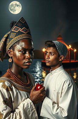 An angry 21-year-old girl dressed in traditional African chief priest's attire, featuring intricate patterns and vibrant colors
