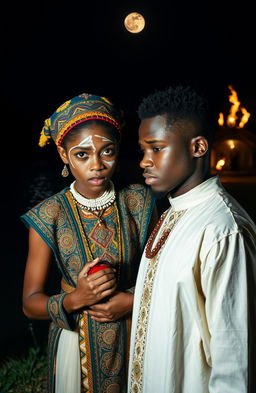 An angry 21-year-old girl dressed in traditional African chief priest's attire, featuring intricate patterns and vibrant colors
