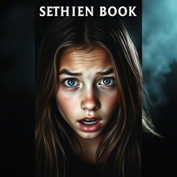 A chilling book cover featuring a teenage girl's face displaying a scared expression