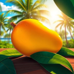 A vibrant, detailed illustration of a ripe mango resting on a wooden table, surrounded by lush green leaves and a soft sunlight casting warm tones on the fruit