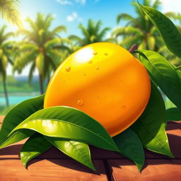 A vibrant, detailed illustration of a ripe mango resting on a wooden table, surrounded by lush green leaves and a soft sunlight casting warm tones on the fruit