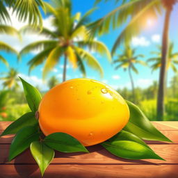 A vibrant, detailed illustration of a ripe mango resting on a wooden table, surrounded by lush green leaves and a soft sunlight casting warm tones on the fruit
