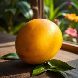 A vibrant, close-up still life image of a ripe mango sitting on a rustic wooden table