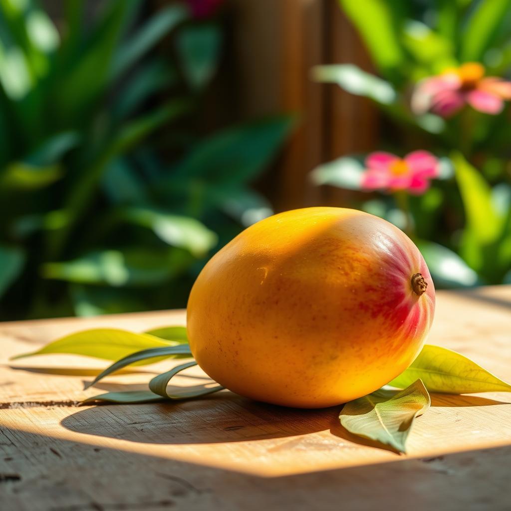 A vibrant, close-up still life image of a ripe mango sitting on a rustic wooden table