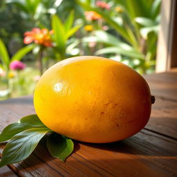 A vibrant, close-up still life image of a ripe mango sitting on a rustic wooden table