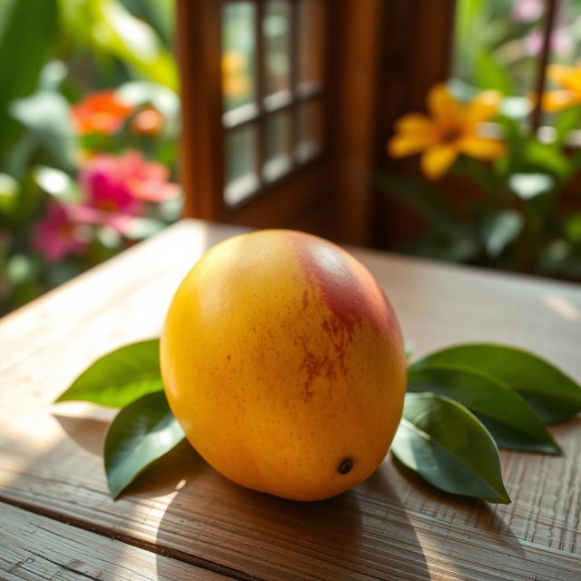 A vibrant, close-up still life image of a ripe mango sitting on a rustic wooden table