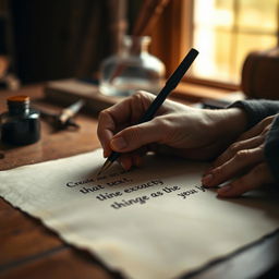 A close-up scene depicting a hand-writing on a piece of parchment with an ink pen, the hand elegantly positioned, showing an intricate signature style